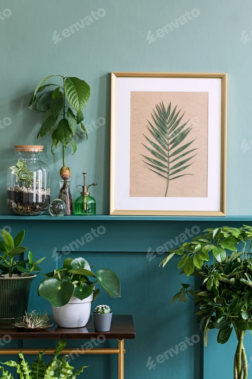 Preview: Interior design of living room with mock up photo frame on the green shelf with plants.