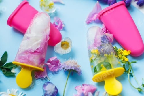Preview: Colorful wildflowers in frozen popsicles and ice cubes on blue background