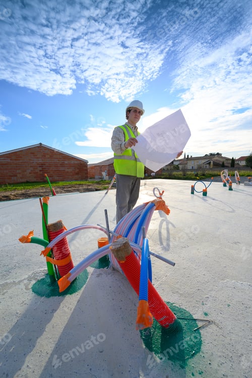 Preview: Professional Engineer Architect Worker With Protective Helmet And Blueprints Paper At House