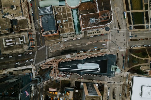 Preview: Bird's-eye view of a downtown area showcasing a skyline of high-rise buildings, Milwaukee, Wisconsin