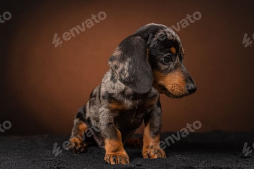 Preview: Adorable dachshund isolated on a dark brown background