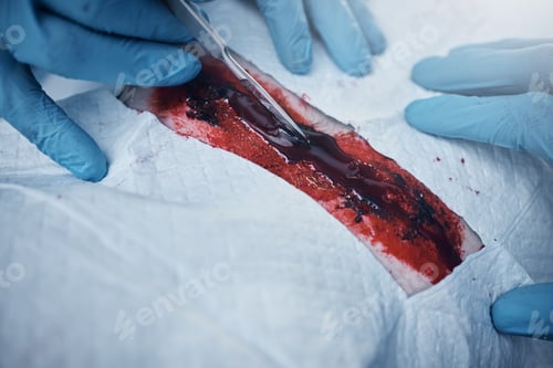 Preview: Hands, blood and operation with a team of doctors at work during surgery with equipment or a tool i