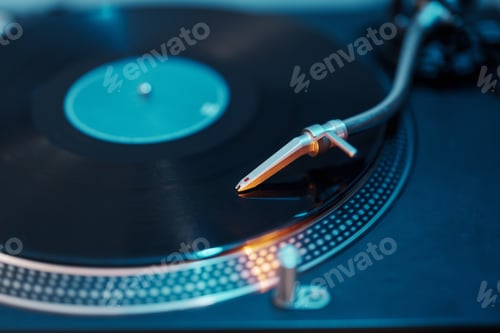 Preview: Classic vinyl record player with needle on album close-up