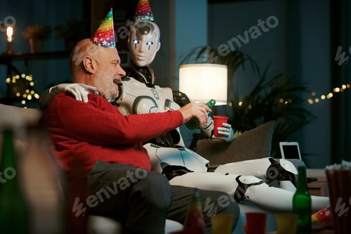 Preview: Lonely senior man having a party at home with his AI robot