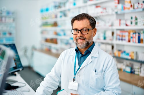 Preview: Mature pharmacist working in drugstore and looking at camera.