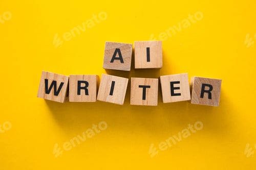 Preview: Wooden cubes showing ai writer on yellow background