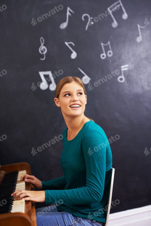 Preview: Making music. Shot of a woman playing the piano against a background of musical notes.