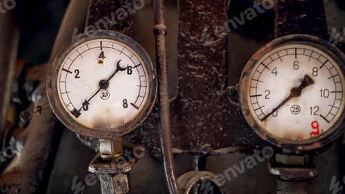 Preview: Vintage Industrial Gauges Showing Pressure Measurement Closeup