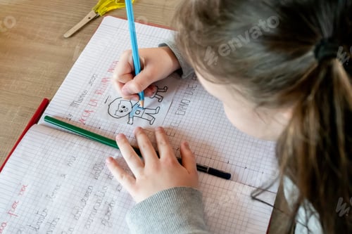 Preview: Cute little girl doing homework, coloring pages, writing and painting.