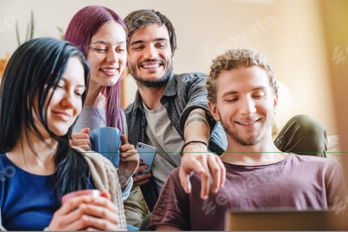 Preview: Friends having fun at home connected with laptop
