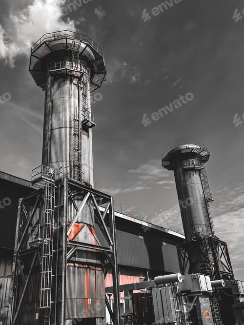Preview: Vertical grayscale shot of two factory chimneys