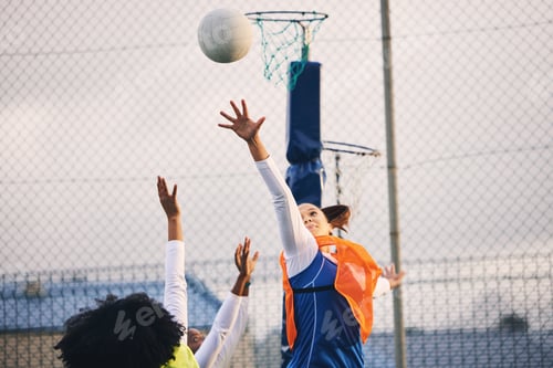 Preview: Netball, goal shooting and defense of a girl athlete group on an outdoor sports court. Aim, sport g