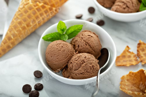 Preview: Chocolate ice cream scoops in a white bowl
