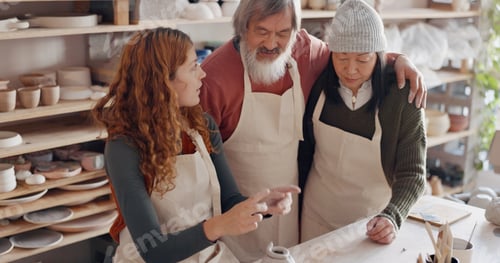 Preview: Art teacher, pottery and senior couple in a class, learning tips in art class. Young woman teaching