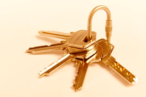 Preview: Key ring with keys on golden tone. Rent, buy. Home