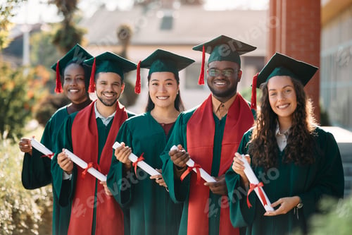 Preview: Portrait of happy graduating classmates with certificates looking at camera.