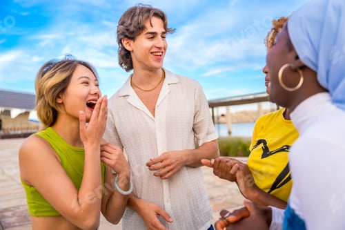 Preview: Multi-ethnic group chatting an laughing outdoors in an urban space