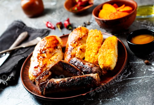 Preview: Sausages, chicken, fish fried with spices and herbs, Selective focus