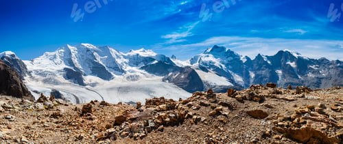 Preview: Panoramic view of rugged snow covered mountains, Diavolezza, Switzerland