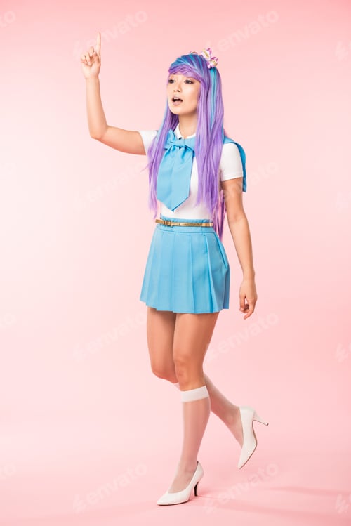Preview: Full length view of asian anime girl showing idea sign on pink