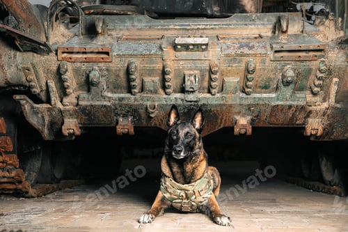 Preview: Malinois Dog in Bulletproof Vests against Military Equipment. Belgian Shepherd Malinois dog