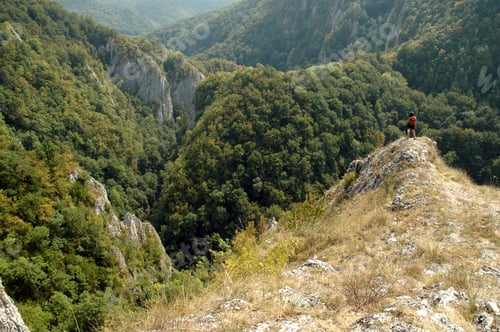 Preview: Tourist woman admiring deep limestine gorge. Varghis, Transylvania, Romania