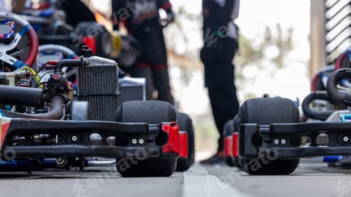 Preview: Race go kart car in row on the pit lane, Racing kart wait for race, Go kart.