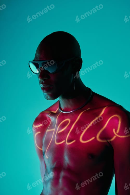Preview: Shirtless black man with Hello sign on body