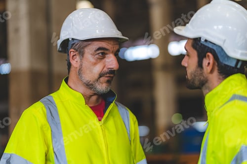 Preview: industrial factory with men at work concept, professional engineer foreman inspector talking