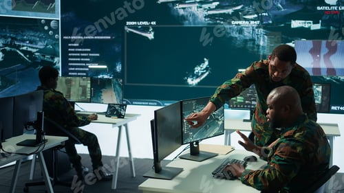 Preview: Military staff in a modern operations hub handling critical information