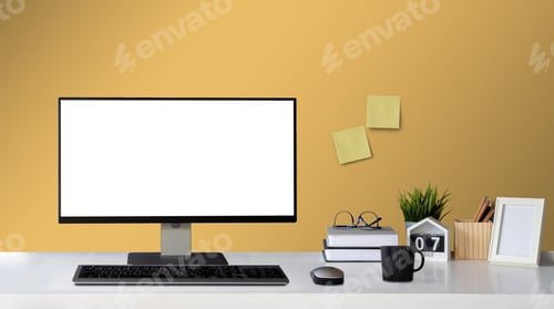 Preview: Mock up computer with blank white screen and Office Supply Items on Word Desk home decor with