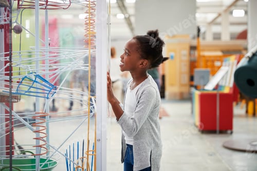 Preview: Young black girl looking at a science exhibit, close up