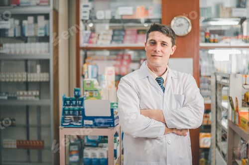 Preview: Male pharmacist posing confidently welcoming, advising patients and prescription patients
