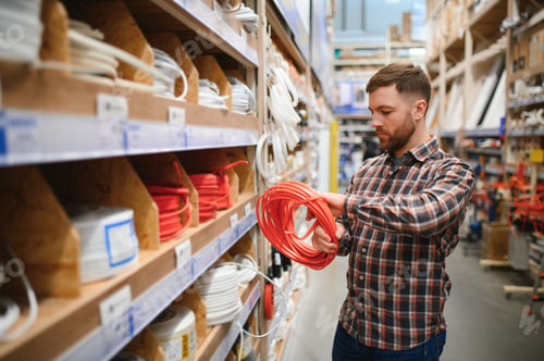 Preview: Electrician in the electrical component store. Construction industry, electrical system