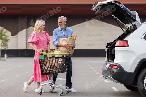 Preview: Positive elderly man and woman rolling shopping cart with grocery