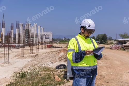 Preview: Asian engineer working at site of a large building project.