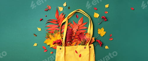 Preview: Autumn flat lay composition. Dry maple autumn leaves in yellow shopping bag on green background. Top