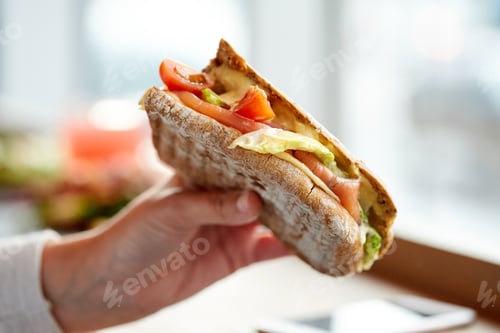 Preview: hand with salmon panini sandwich at restaurant
