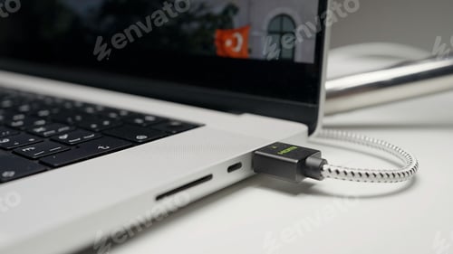 Preview: Closeup of USB flash drive inserted into port on the side of a laptop. Action. Part of laptop with a