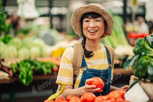 Preview: Asian woman holding tomato and smiling at a bustling produce market