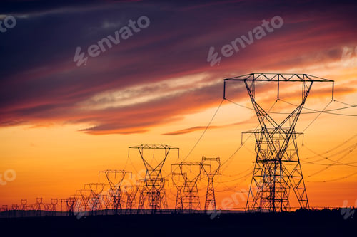 Preview: Electricity pylons at sunset, Enterprise, Oregon, United States, North America