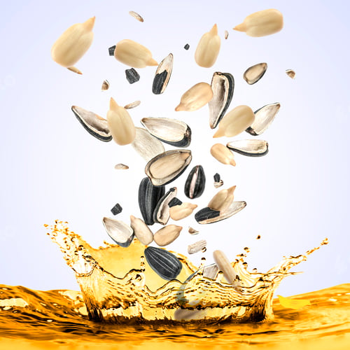 Preview: Sunflower seeds falling into splashing cooking oil on light gradient background