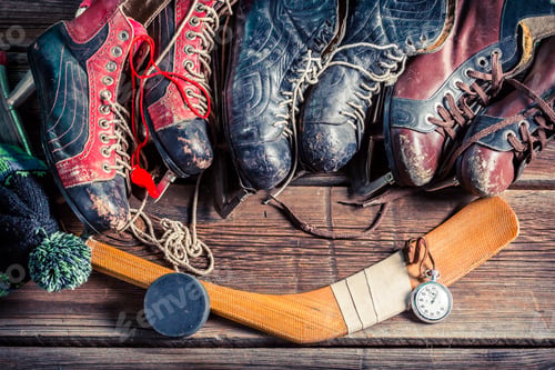 Preview: Closeup of old skates on old wooden table
