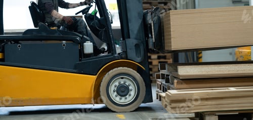 Preview: Close up of forklift working in warehouse. Industrial lift truck, jitney lifting and moving