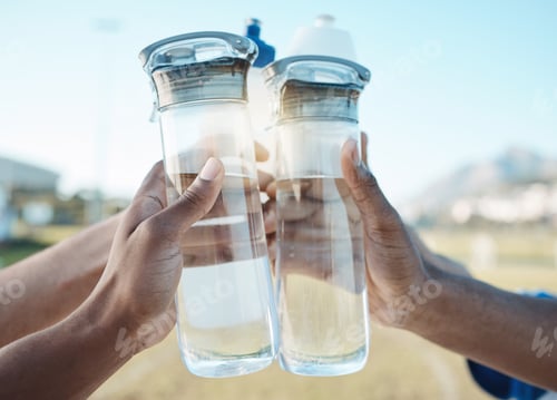 Preview: Fitness, water bottle or hands toast in stadium together after workout, exercise or training game o