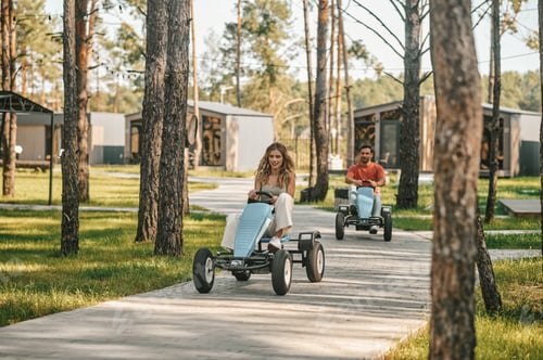 Preview: A young couple having a riding competion and looking enjoyed