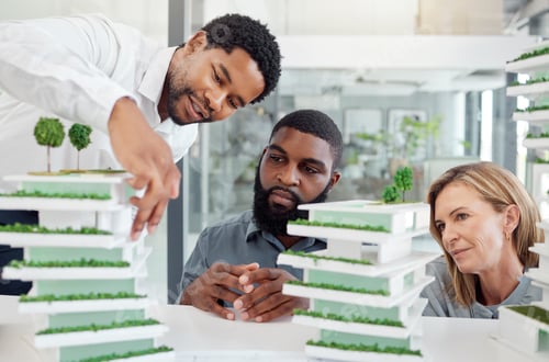 Preview: Architecture, model and employees meeting, planning and working on the design of a building at work