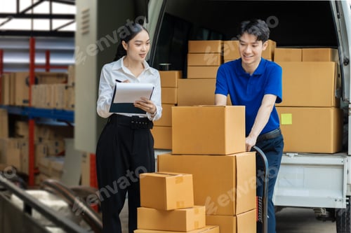 Preview: Asian delivery man deliver box parcel package to customer at home office, shipping delivery concept.