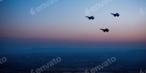 Preview: Silhouette plane with beautiful colorful sunset sky background.