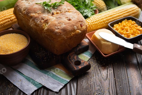 Preview: Rustic homemade loaf of cornbread on wooden kitchen table. Cobs and butter aside
